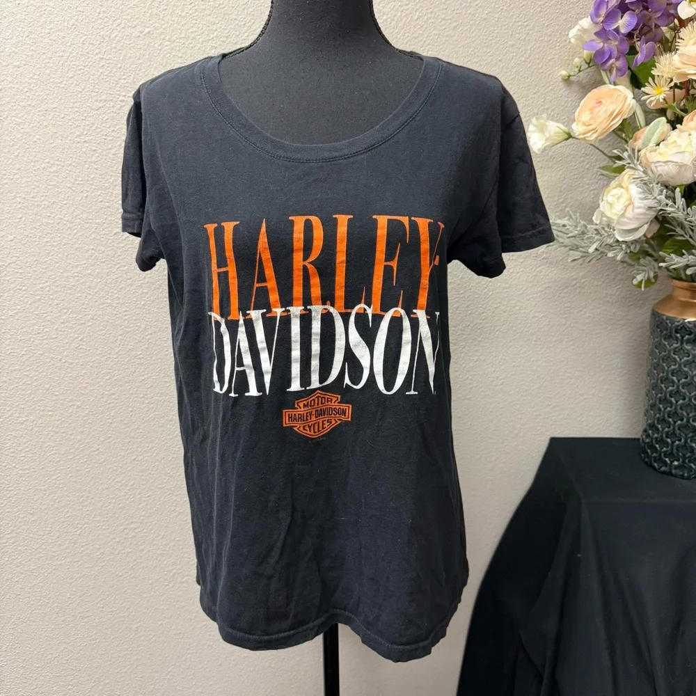 Harley Davidson Black Orange Graphic Logo Motorcycle Biker Tee Shirt L - Picture 2 of 10